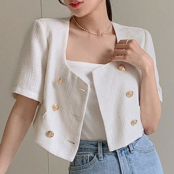 Beige Casual Women's Double Breasted Crop Blouse - Picture 3 of 5
